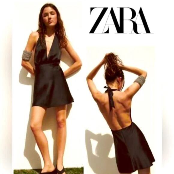 Zara Black SATIN EFFECT Plunged deep V Neckline MINI DRESS  NWT Size Medium - Picture 1 of 6